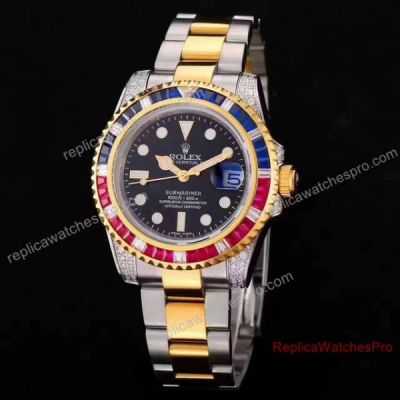 Swiss Replica Rolex Submariner Two Tone Black Dial Diamond Bezel Watch